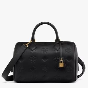 Brand New MCM ella boston medium bag in black maxi monogram leather Authentic